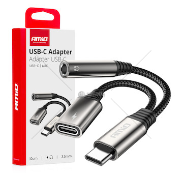 Adaptér USB-C rozdělovací na USB-C + Mini-Jack 3,5mm 10cm AMiO-04295