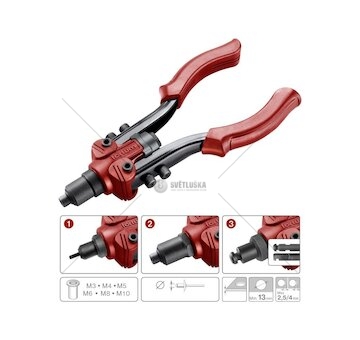 Kleště nýtovací pákové COMBO, M3-M10, 2.4-6.4mm FORTUM