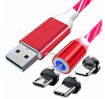 Magnetický nabíjecí USB kabel s LED podsvícením, 3v1, 1m, červený KAXL