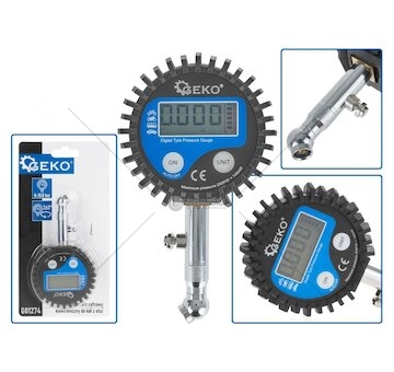 Manometr digitální na měření tlaku pneu, 0-13,8bar, s koncovkou 45° GEKO