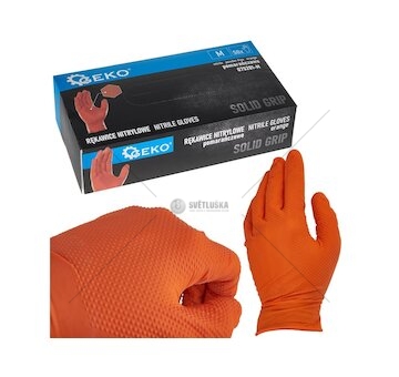 Nitrilové rukavice Solid Grip, pevné, odolné chemikáliím, 50 ks, oranžové, velikost M - GEKO