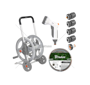 Pojízdný naviják WHITE LINE s hadicí 1/2" 30 m a příslušenstvím SILVER PRO SET, kovový - BRADAS