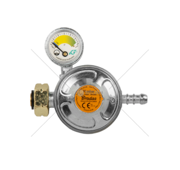 Regulátor tlaku plynu, 30mbar, 1.5kg/h, s pojistným ventilem a manometrem, pro hadici 9-10 mm BRADAS