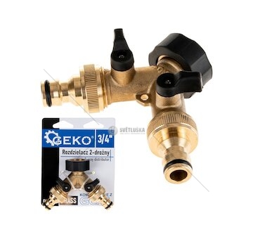 Rozdělovač na kohoutek 2-cestný, vnitřní závit 3/4", 2× vnější závit 3/4" s ventily a konektory - GEKO