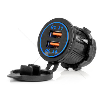 Vodotěsná nabíječka s MODRÝM LED podsvícením 2xUSB QC3.0 12/24V AMiO-04218