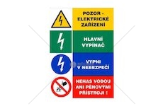 Tabulka - Pozor elektrické zařízení Hlavní vypínač Vypni v nebezpečí Nehas vodou, samolepka A5