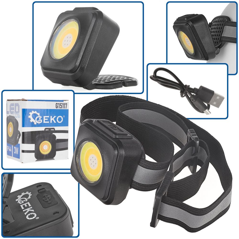 Čelovka reflektorová LED COB 3W, 500mAh, s nastavitelnou hlavou, USB nabíjení, nárazuvzdorná KELTIN