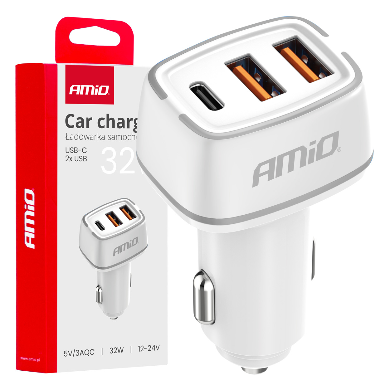 Nabíječka do auta 2x USB-A + USB-C 32W 12/24V AMiO-03890