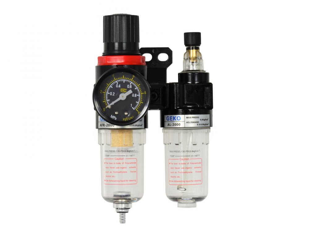 Regulátor tlaku s filtrem a manometrem a přim. oleje 1/4" GEKO