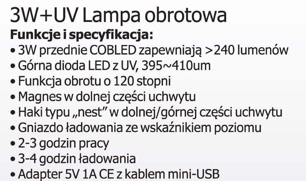 Svítilna pracovní 3W+UV OBROTOWA LED MAGNETI 7935030020
